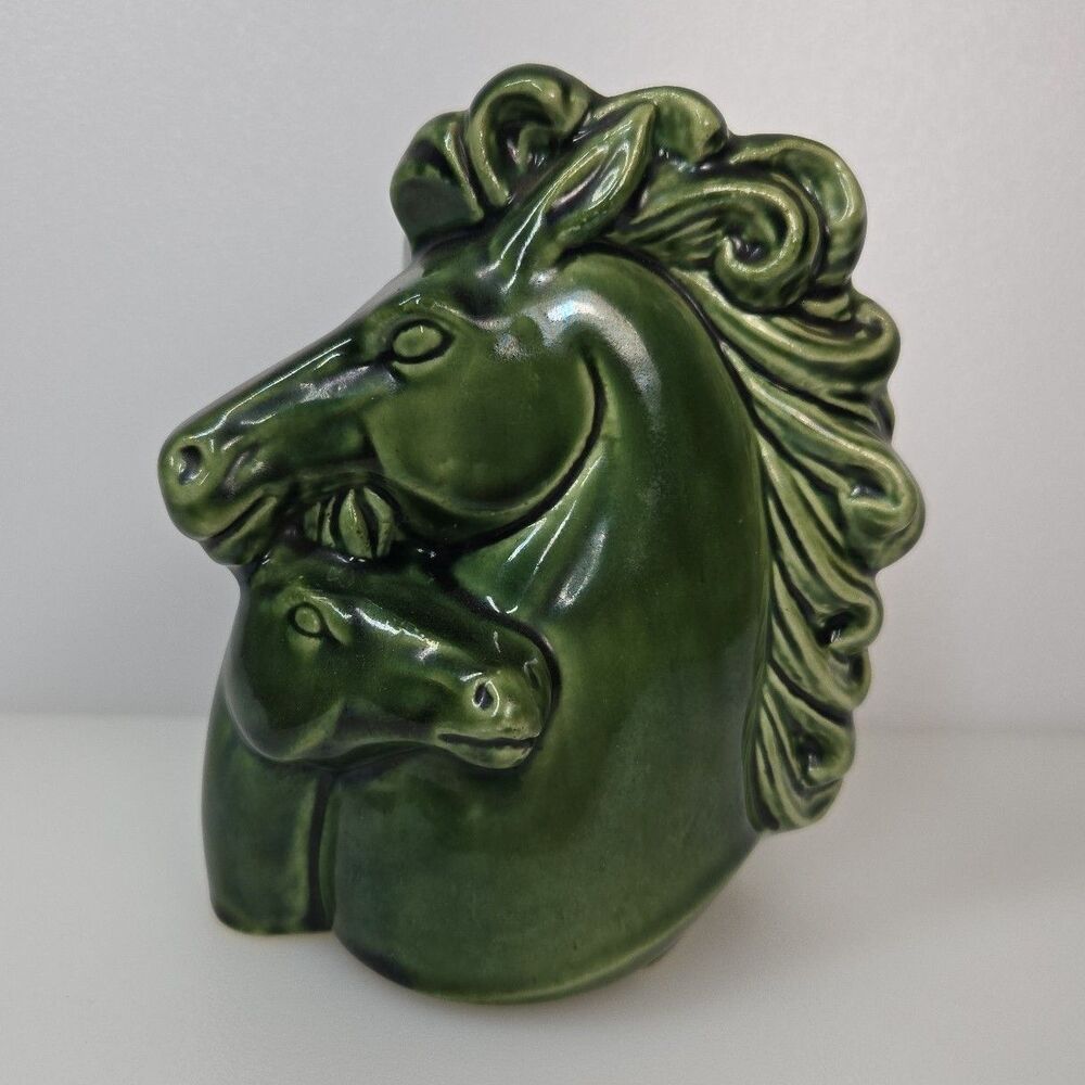 VTG Green Ceramic Horse Mare Foal Head Vase Planter Equestrian Pottery 6" MCM